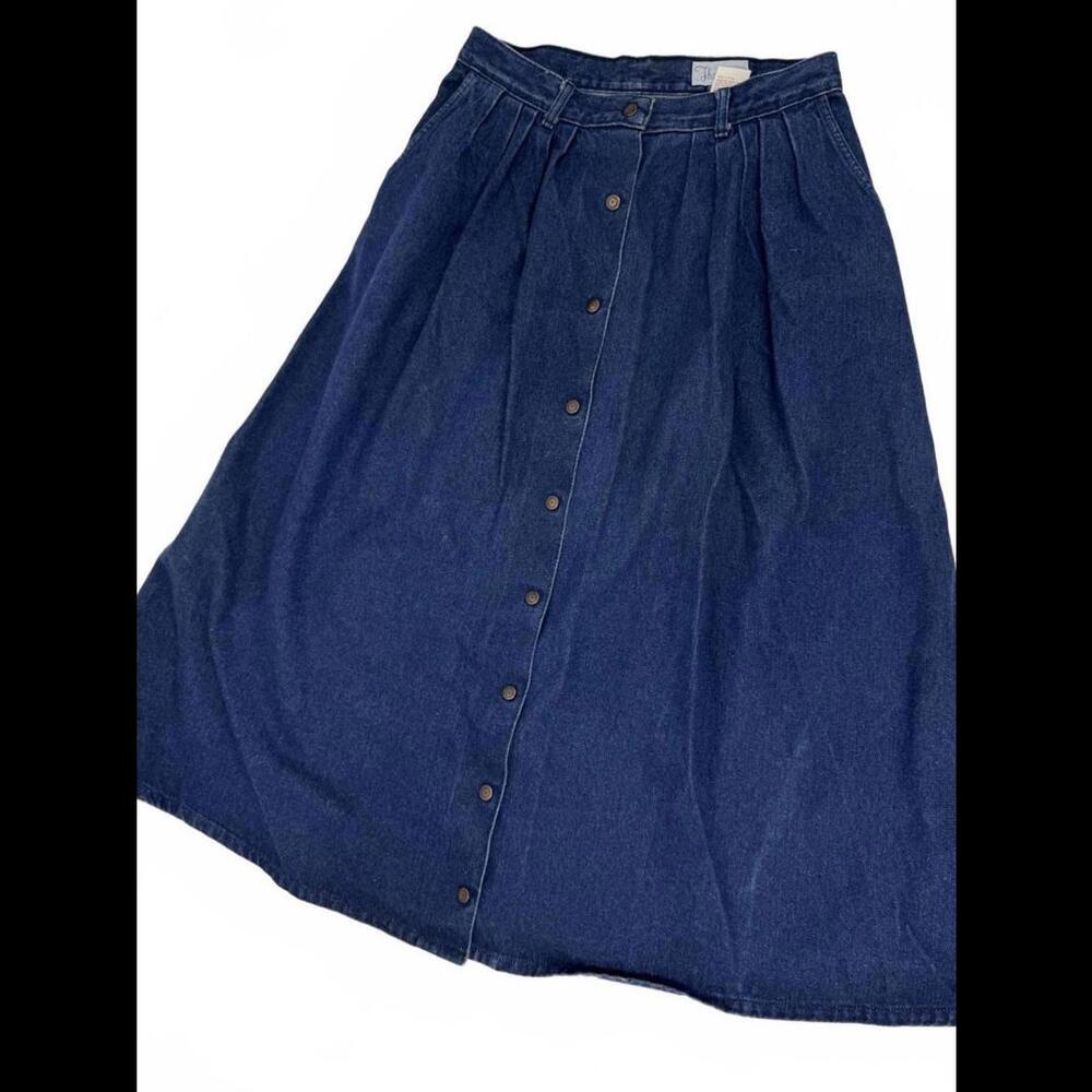 Button-Front Dark Blue Denim A-Line Skirt
